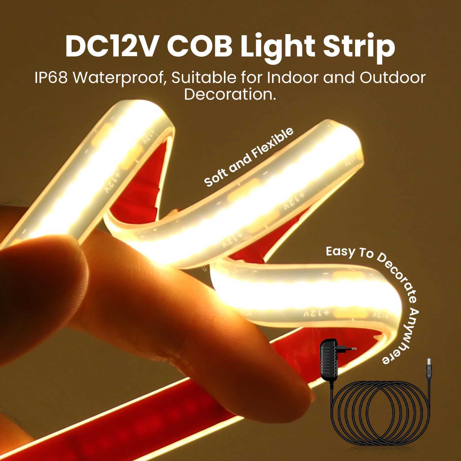 12V 24V COB LED Strip Light 320LEDs/m IP68 Waterproof Flexible Ribbon Tape for Home Garden Decor Lighting EU/US/UK Plug Kit W251112