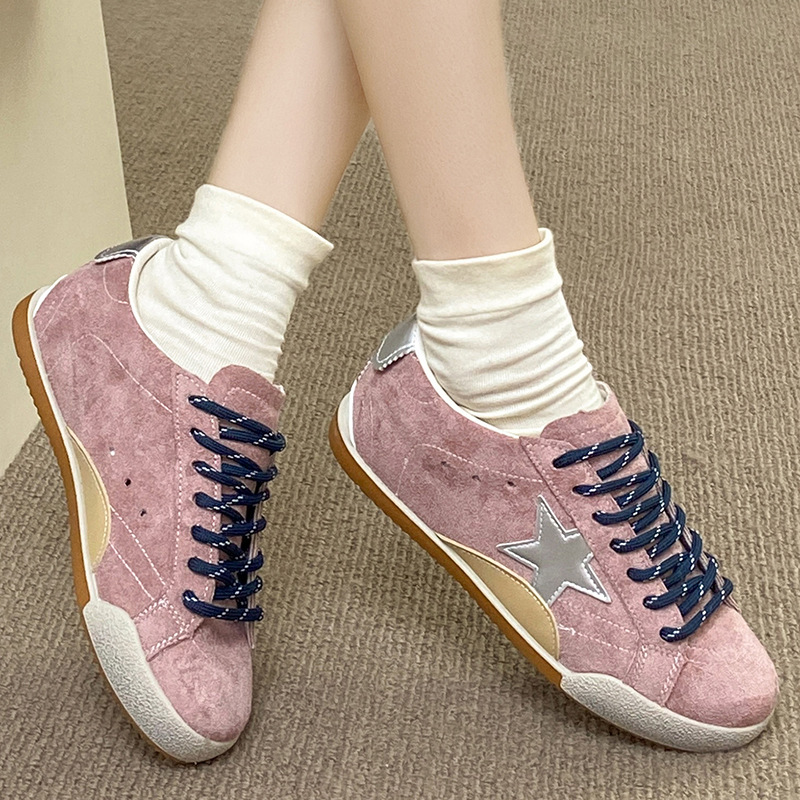 2025 Round toe distressed two-color women's shoes laces sports retro casual sneakers casual