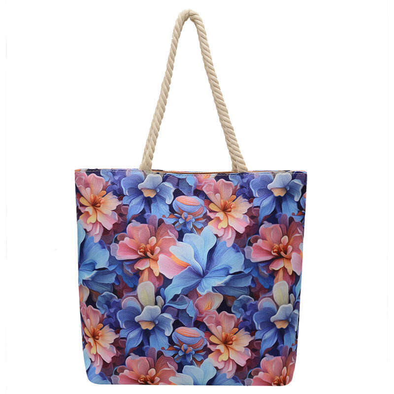 Women's double-sided embroidered canvas shoulder bag fashionable linen cotton rope simple handbag