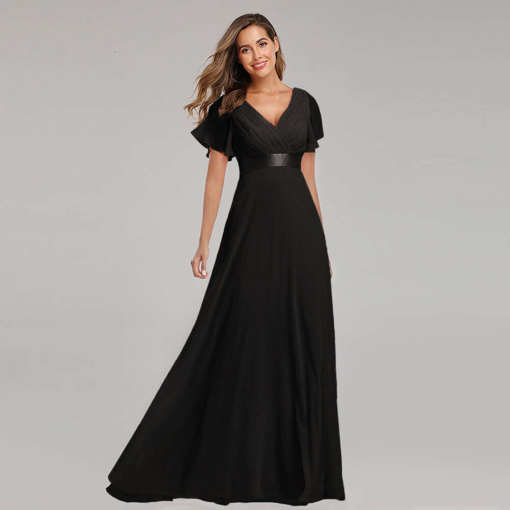 Designer 25 Spring/Summer Handmade Folding Big Swing Double V-Neck Trumpet Sleeve Elastic Chiffon Banquet Bridesmaid Large Evening Dress