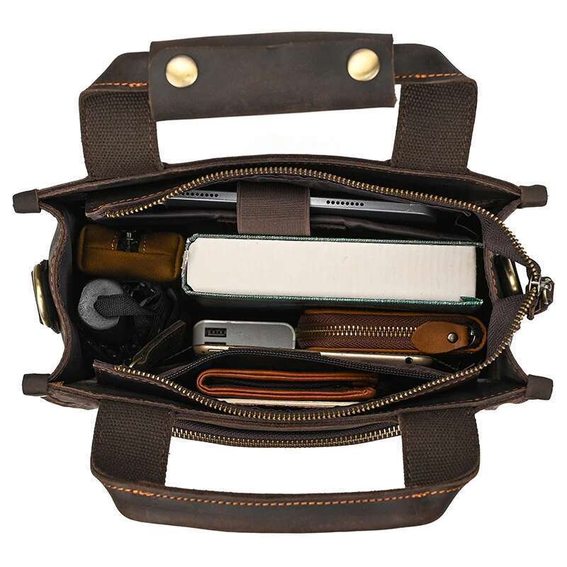 Genuine Leather Men's Shoulder Vintage Crazy Horse Skin Zipper Pocket Flap Messenger Bag Man Daily Big Handbag Work Tote