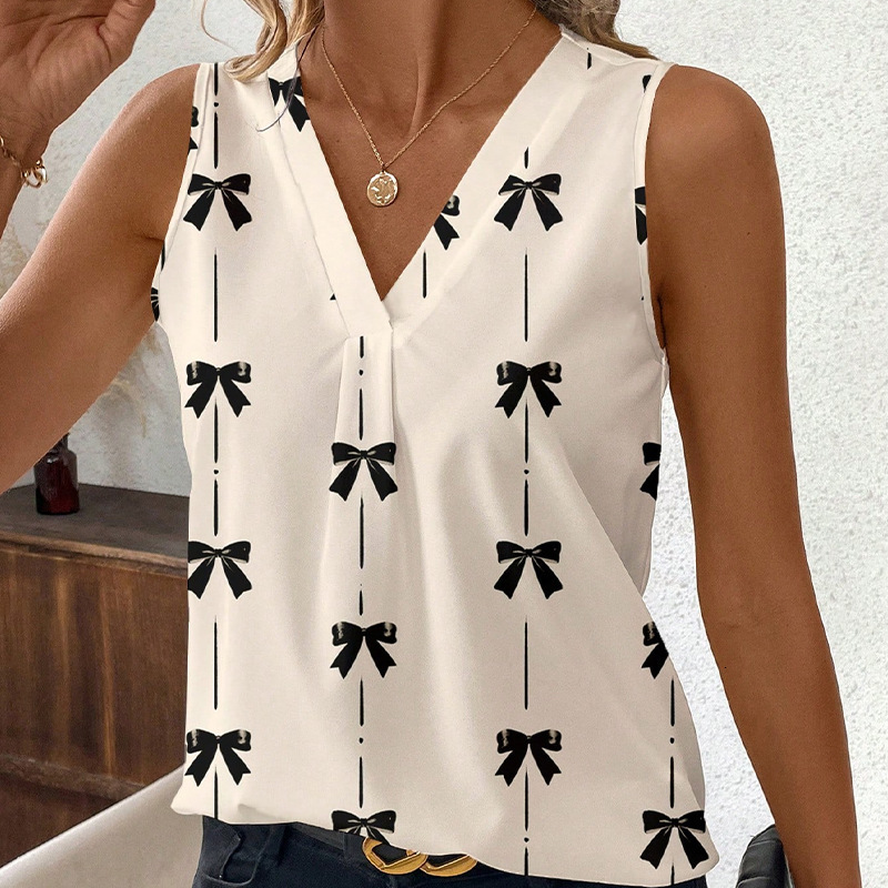Womens clothing 2025 summer new sleeveless bow shirt V-neck shirt pullover