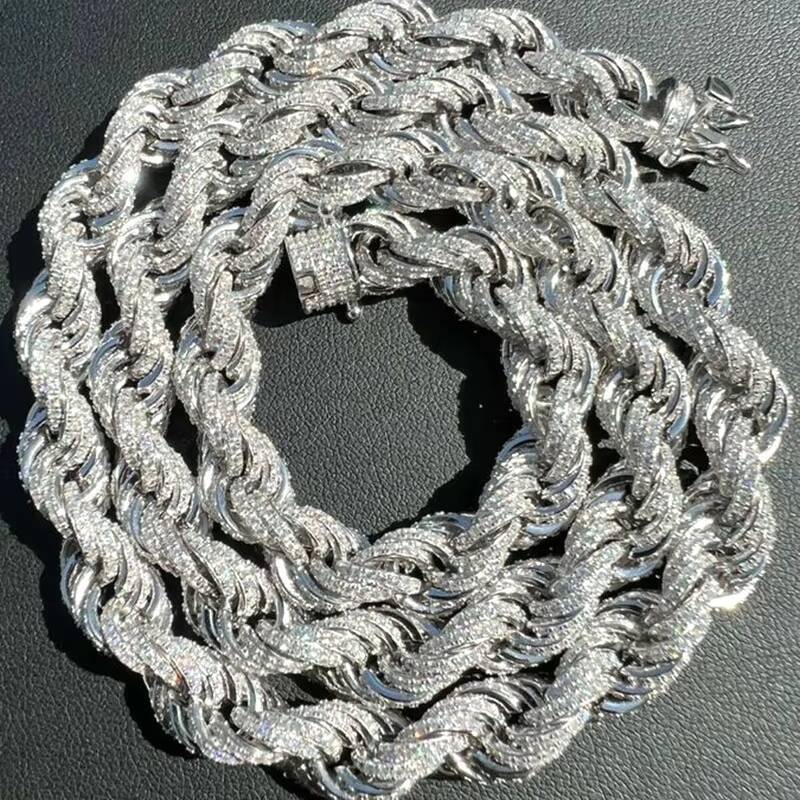 Twisted Moissanite Rope Chain for Men Custom Hip Hop Iced Silver 925 9mm Thickness Silver Jewelry Necklaces CHRISTIAN Hiphop