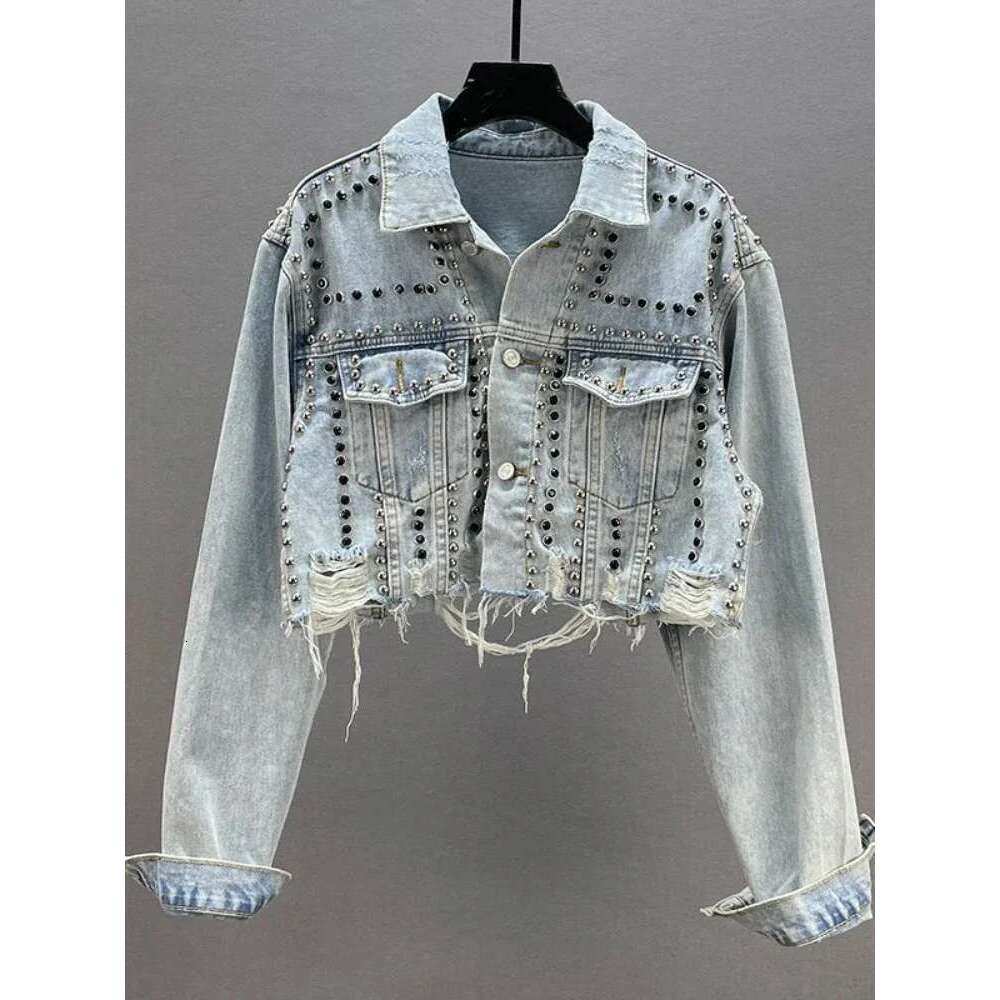Womens Denim 2024 Spring Summer New In Heavy Industry Rivet Studded Women Worn Nail Bead Jean Jacket Top