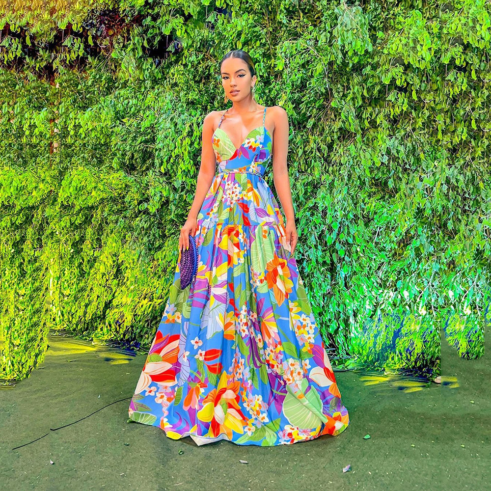 2025 Summer New Womens Dress Holiday Printed Multi Color Off Shoulder Large Swing Strap Long Style