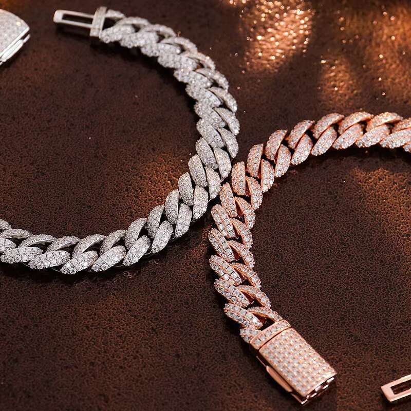 10mm Trendyy Hip-Hop 925 Silver 18K Rose Gold Plated Cuban Necklace Full Stone Bracelet Moissanite Double Row Beveled Edge