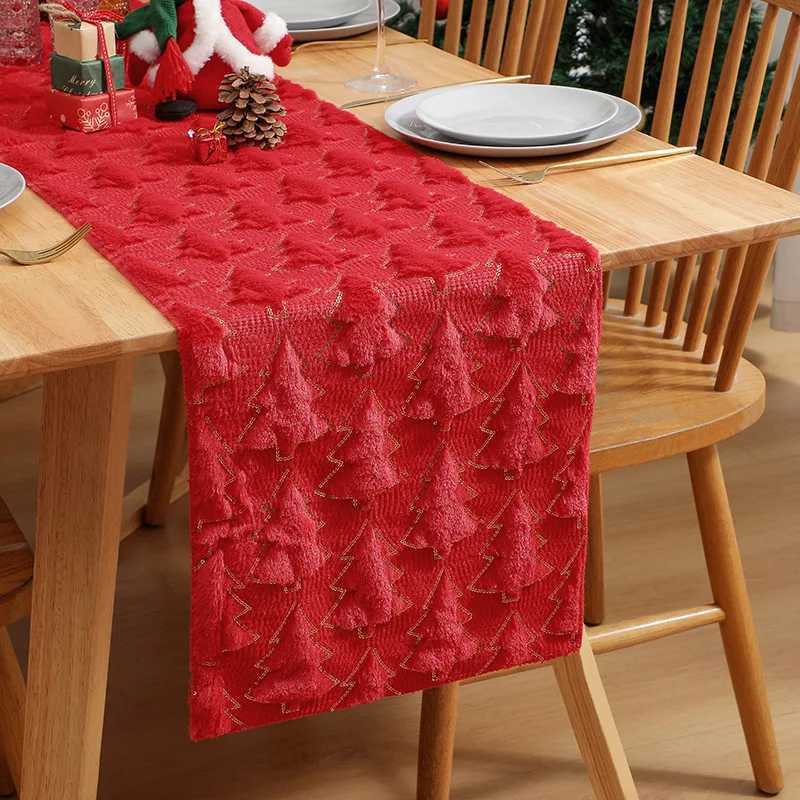 Christmas Red Christmas Tree Table Runner Soft Plush Faux Fur Jacquard Table Runner Cloth for Winter Xmas Christmas Home Kitchen Dining Y251113