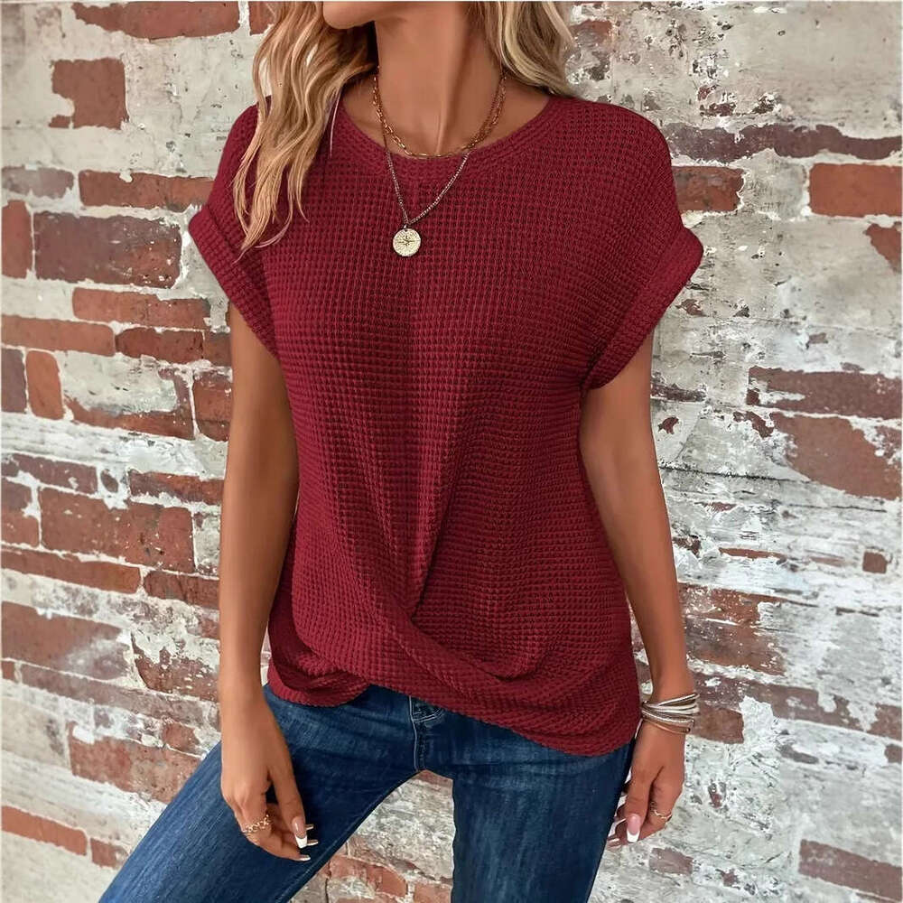 2025 Spring/Summer New Solid Color Round Neck T-Shirt Elegant Short Twisted Top Women's Wear
