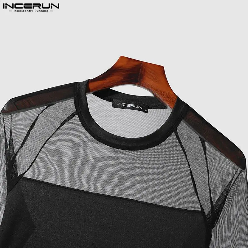 Mens tight fitting clothes with mesh splicing O-neck long sleeved sexy jumpsuit mens T-shirt fitness transparent fashion tight fitting clothes INCERUN