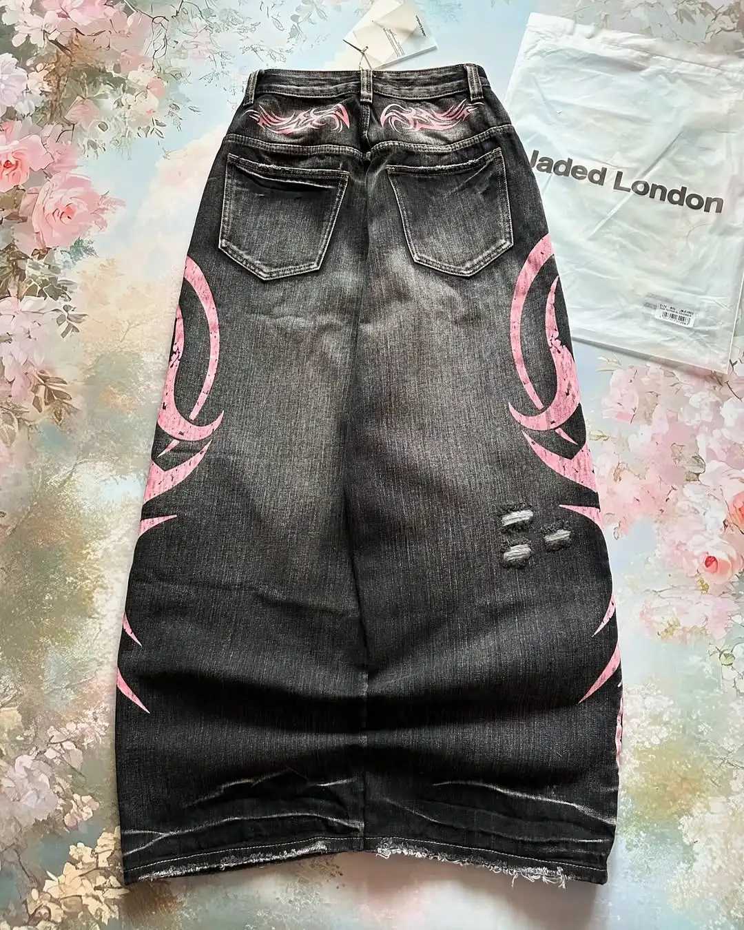 2025 New Fashion Oversized Pink Printed Hole Design Jeans Men High Street Retro Hip Hop Popular Casual High Waist Wide Leg Pants M251113