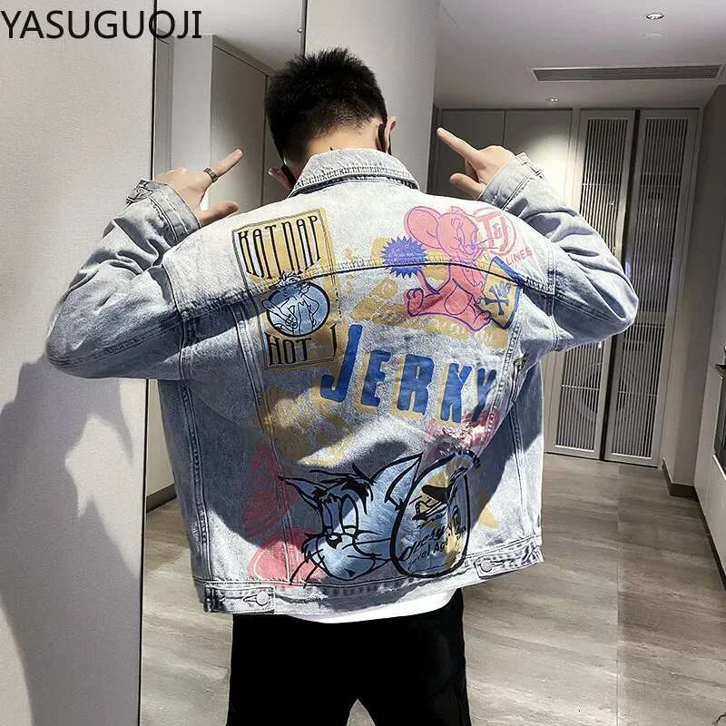 New 2024 Hip Pop Denim Jackets Japanese Cartoon Printed Loose Graffiti Frayed Coat Fashion Jean Jacket Men