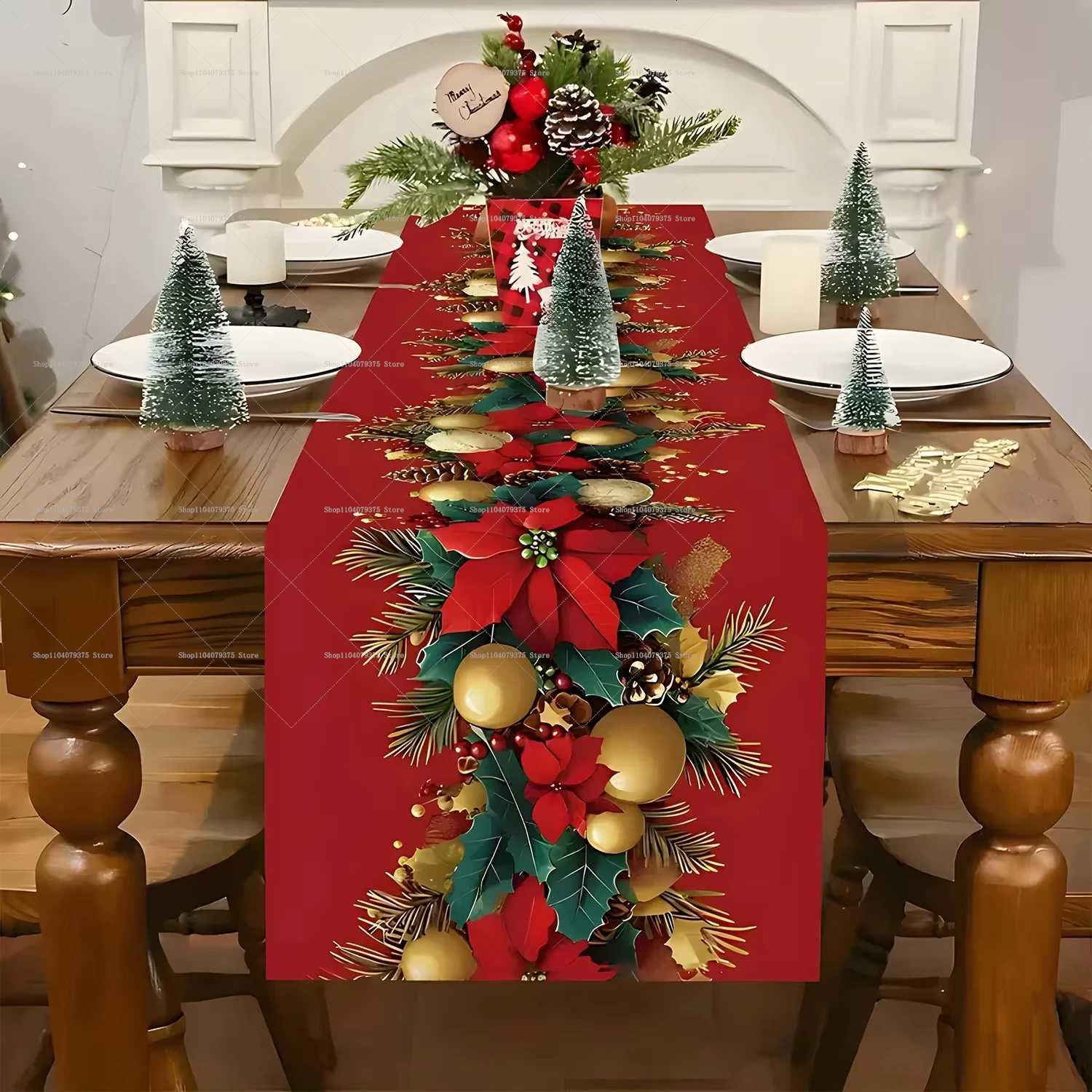 Christmas Christmas Red Leaf Golden Ball Polyester Table Runner Xmas Holiday Poinsettia Gold Ball Table Flag New Year Gift 2026 Y251113