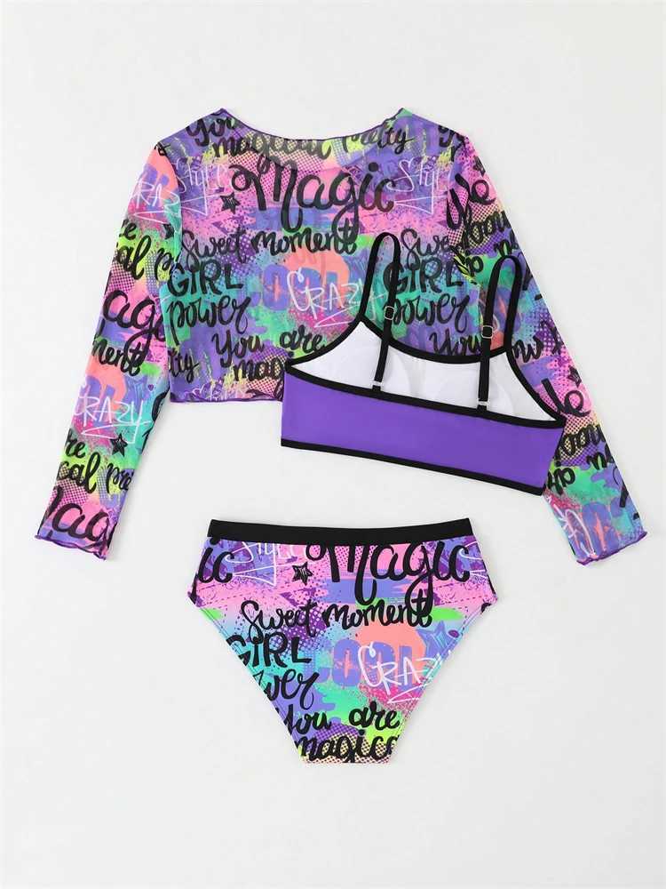 Bikini Kids Girls Swimsuit 2026 New Purple Letter Sling Mesh Long Sleeve Children Bikinis Set Swimwear Summer Beach Bathing SuitW251113
