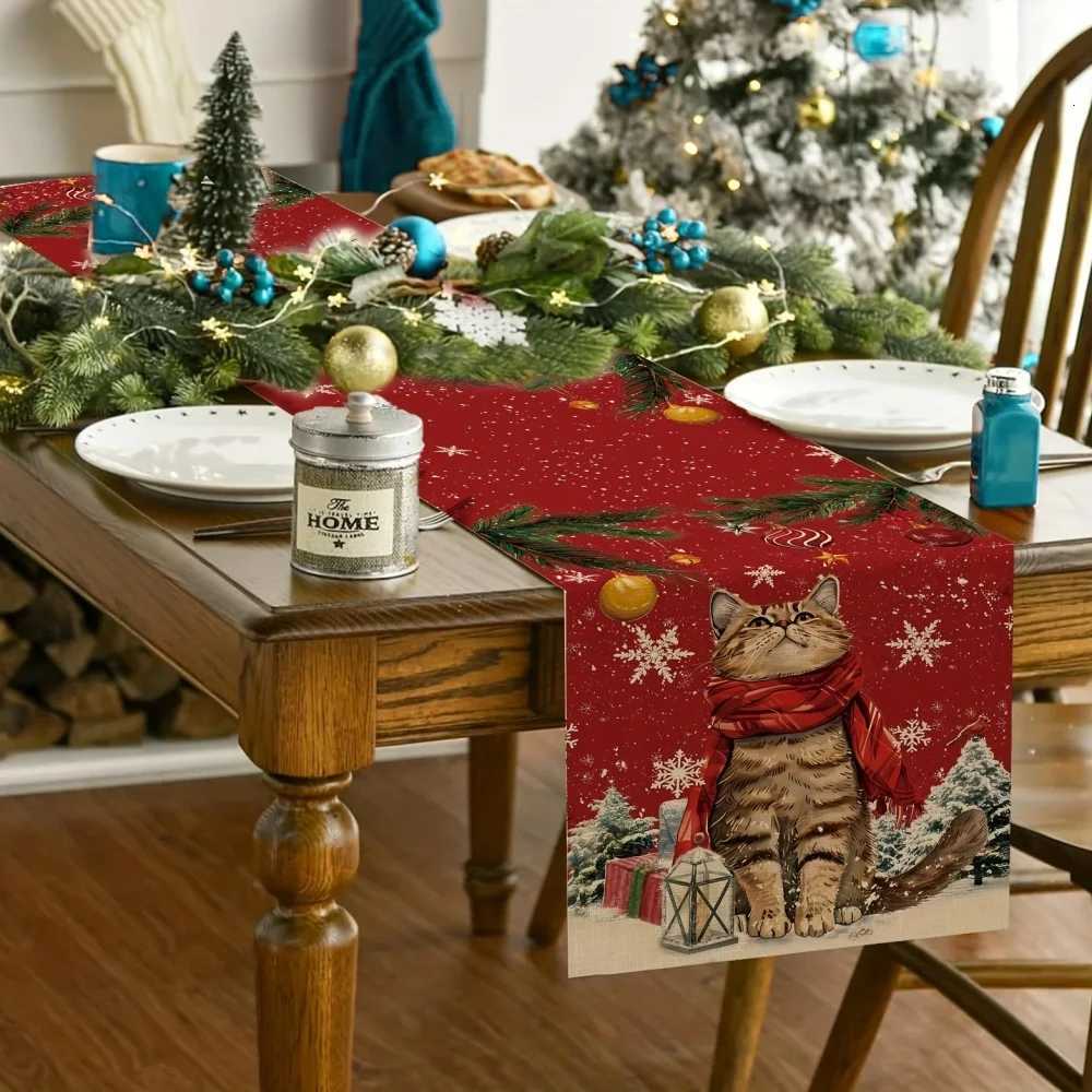 Christmas Christmas Cat Table Runner - 1pc Rectangle Table Flag with Snowflake Holly and Xmas Balls Pattern for Kitchen Dining Decor Y251113