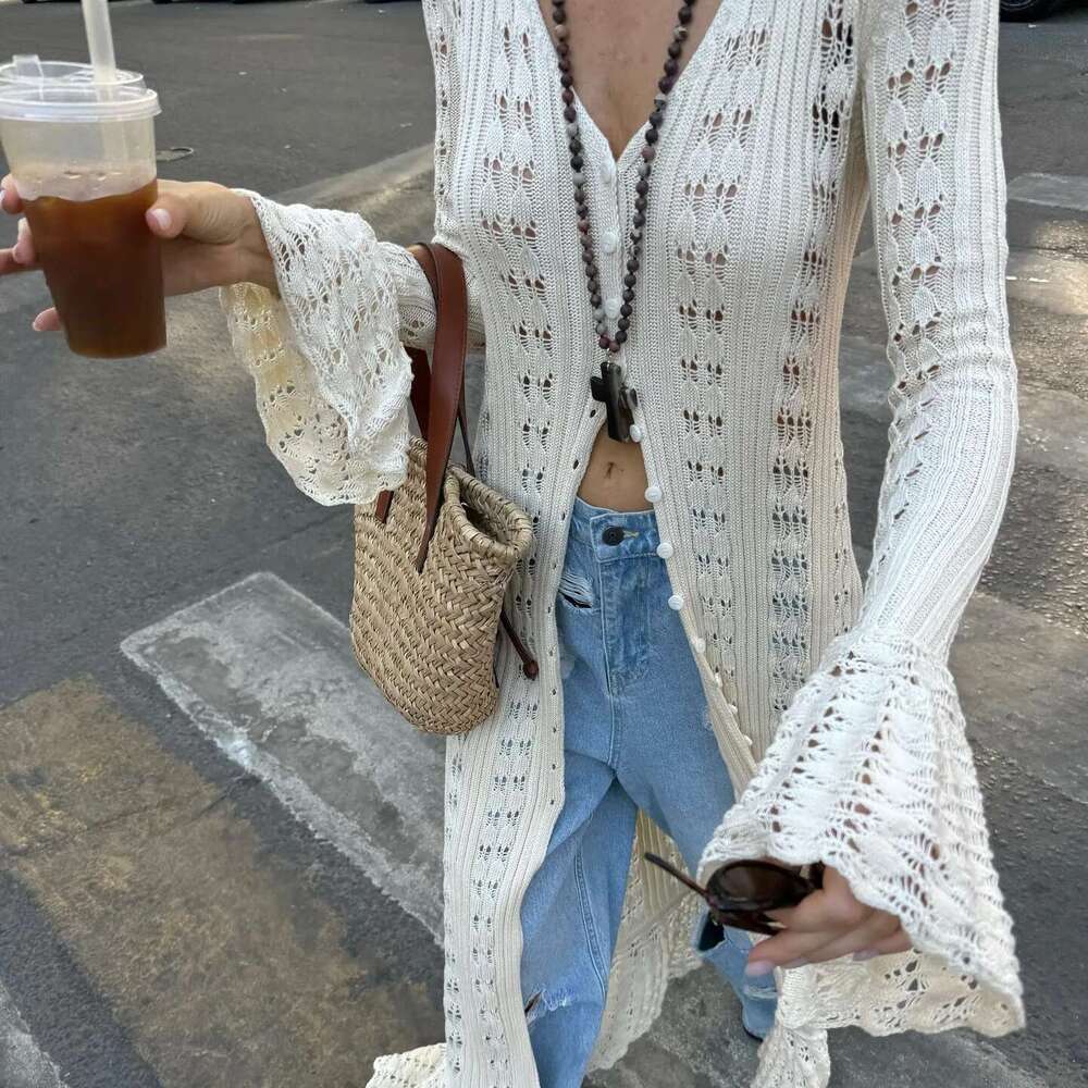 Hirigin Button Front Sleeve Sheer Open-Knit Long Cover-Up Jacket Women Autumn Beach Vacation Outfit Maxi Cardigan