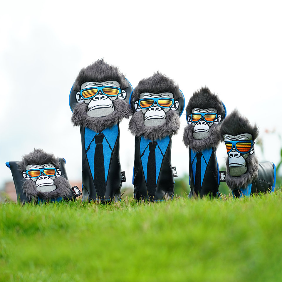 Golf Headcover Set Black Suit Sunglasses Monkey Driver Fairway Hybrid Head Cover Square Mallet Blade Putter Wood Cover Club Golf Head Cover Driver Cov