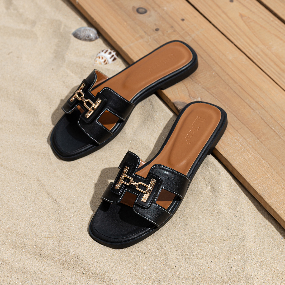 Fashion Versatile Outdoor Women Slipper Flat Square Toe Slides Beach Vacation Slippers Size 34-41