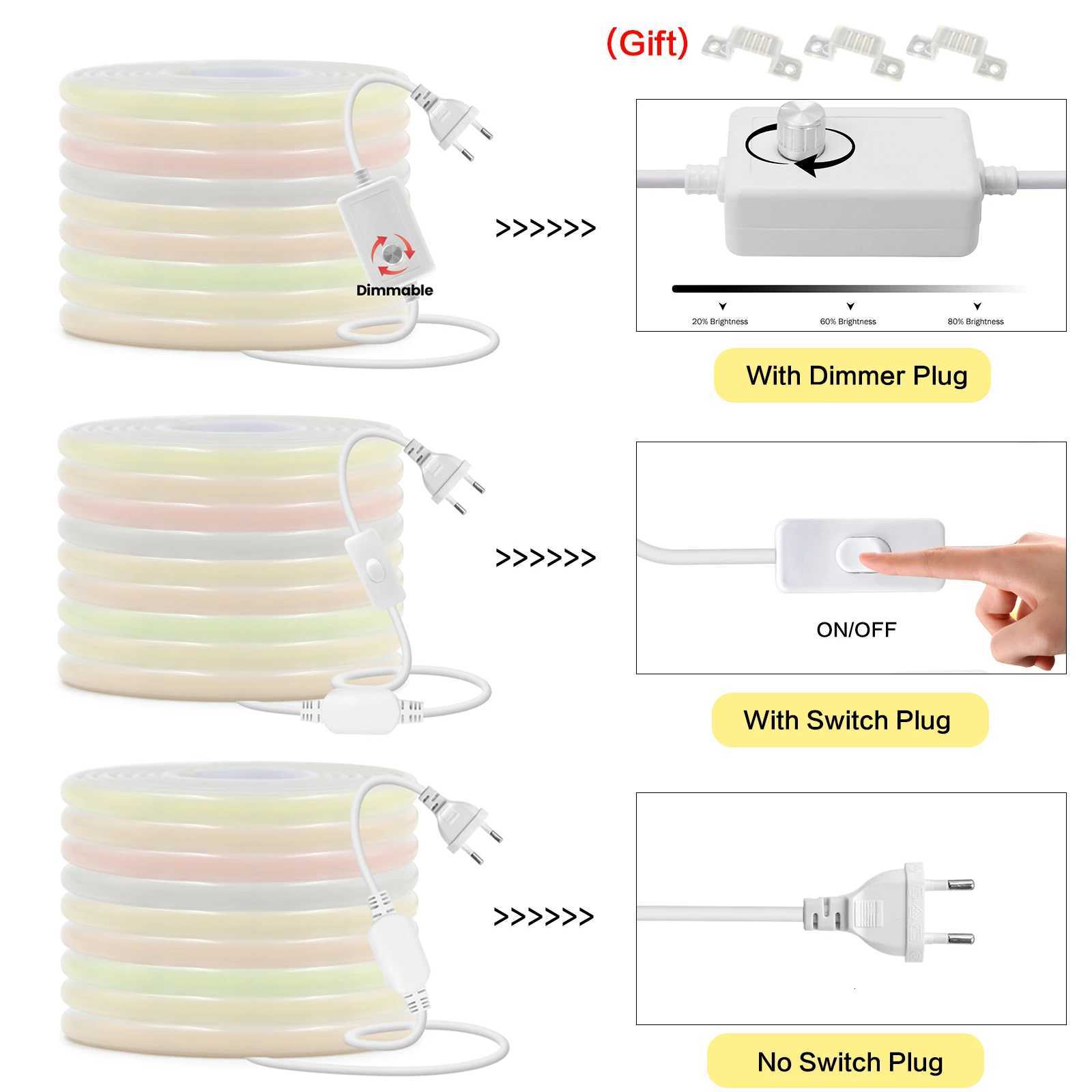 220V Dimmable COB LED Neon Strip Light With Switch/Dimmer Plug Waterproof 288Leds/M High Quality Neon Strip Garden Home Lighting W251112