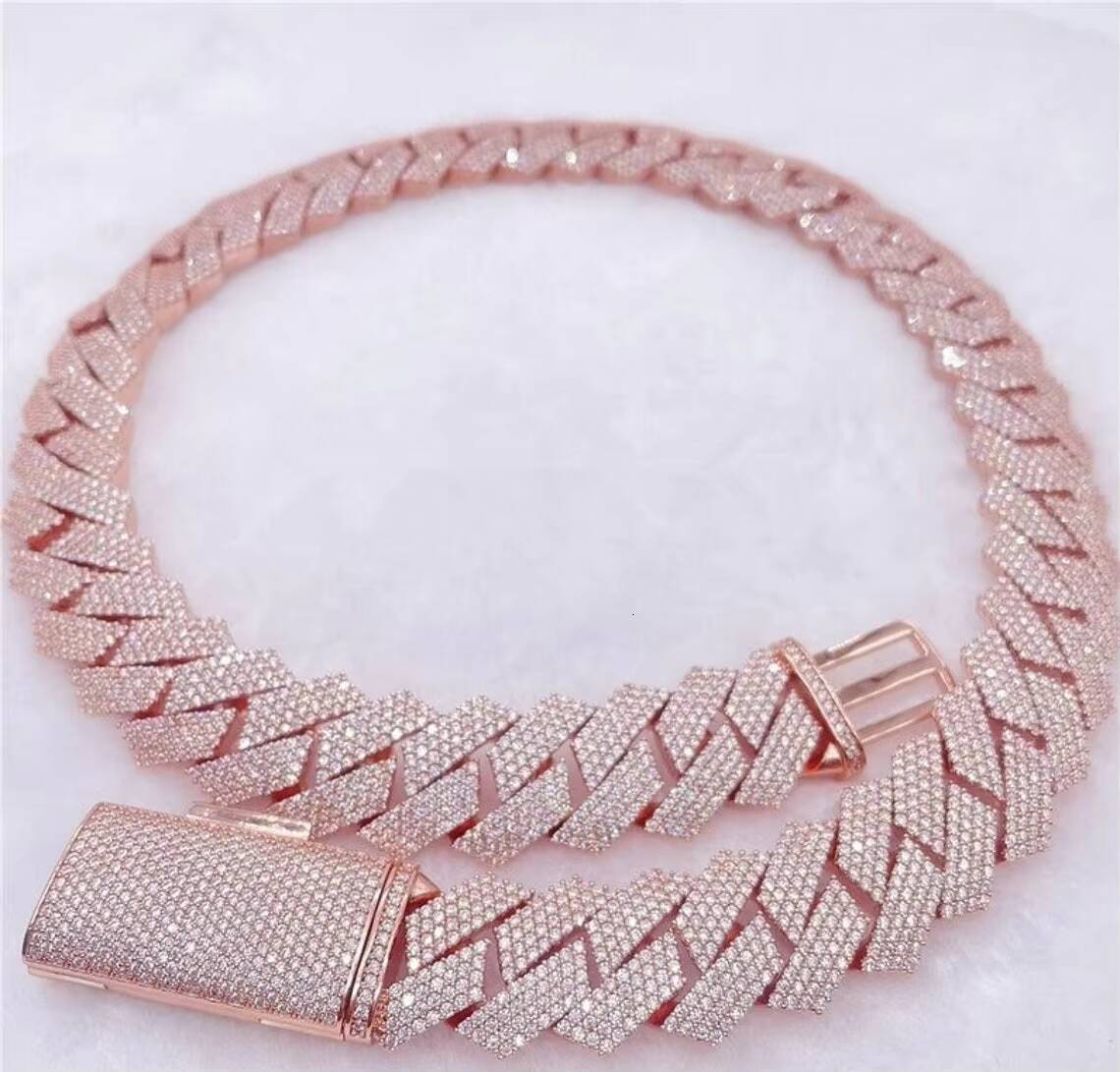 Hip Hop 18mm Width Four Row Rose Gold Moissanite Diamond Miami Cuban Links Chain
