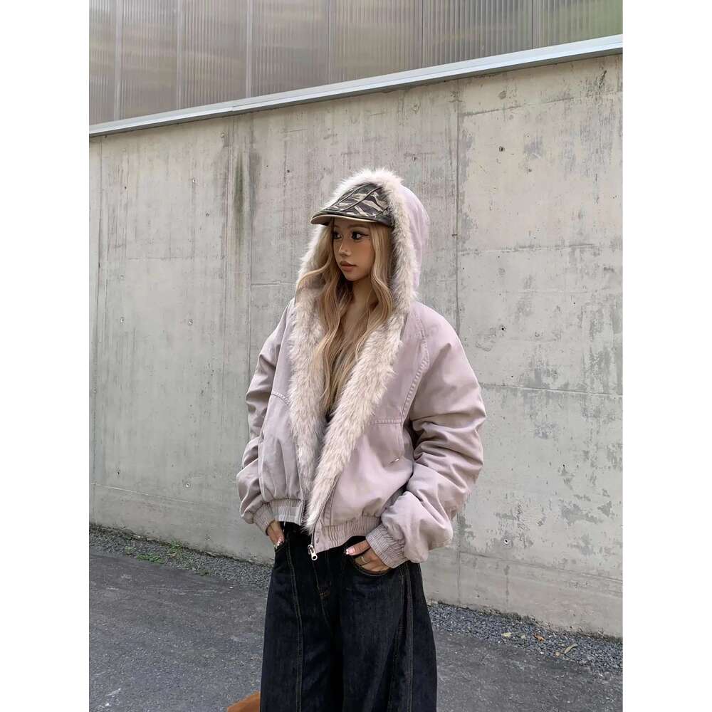 Designer Clothes American Fashion Furry Collar Retro Trend Loose Zipper Street Haruku Hip Hop Hooded Jacket