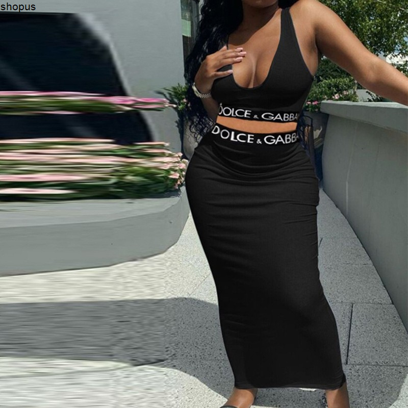 9 days arrived Summer New Fashion Casual Vest High Waist Bodycon Long Skirt Letter Ribbon Casual Two-Piece Set for Women