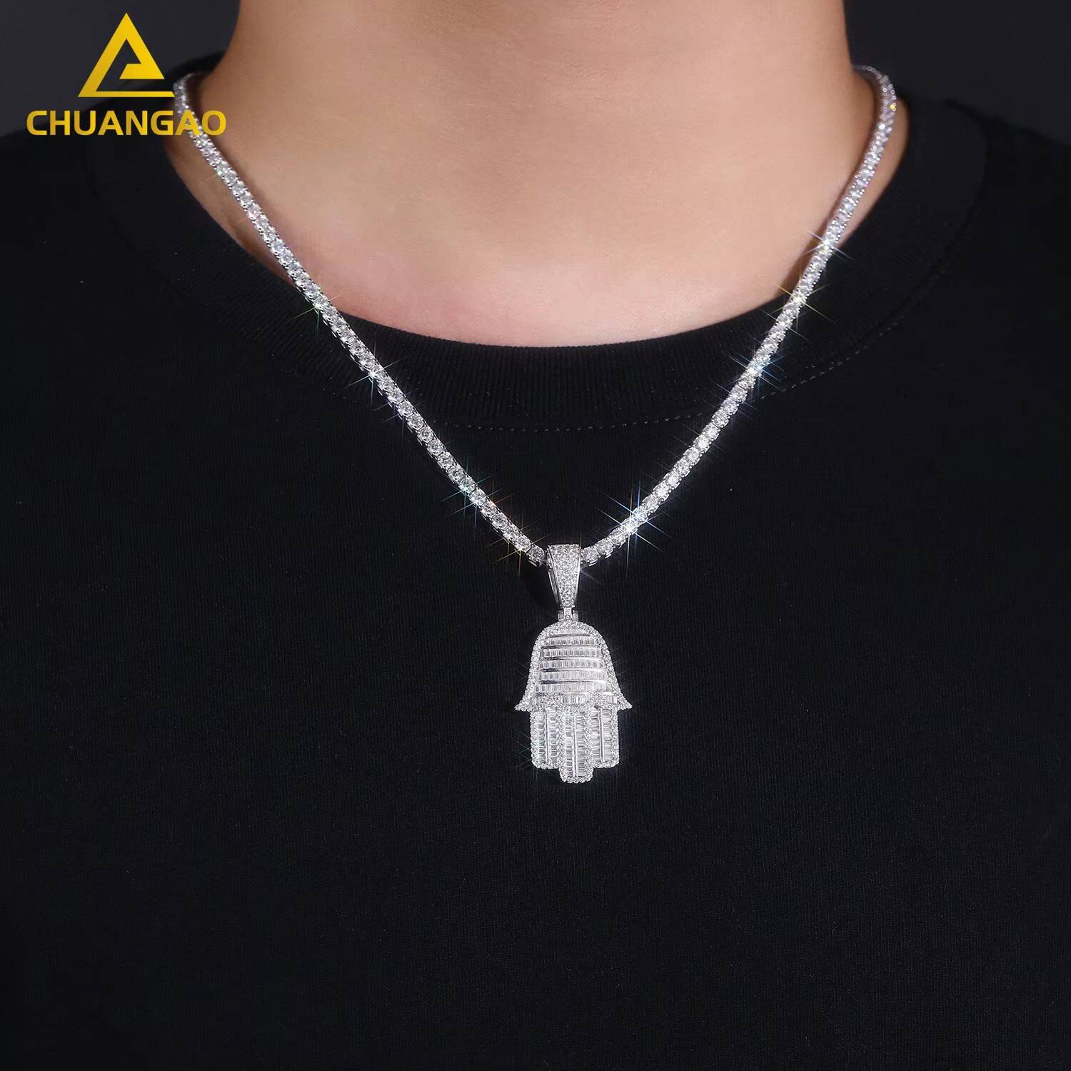 9k 14k 18k White Gold Plated Tapered Baguette Cut Lab Grown Diamond Necklace for Wedding or Party by Palm Fashion Necklaces