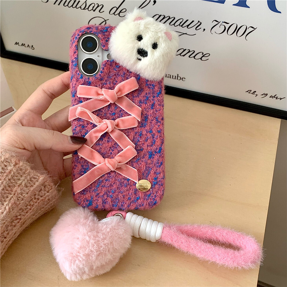 Bowknot Plush Dog Phone Case Compatible with iPhone 16/15 Pro Max Love Bracelet iPhone 14/13/12 Pro Cartoon