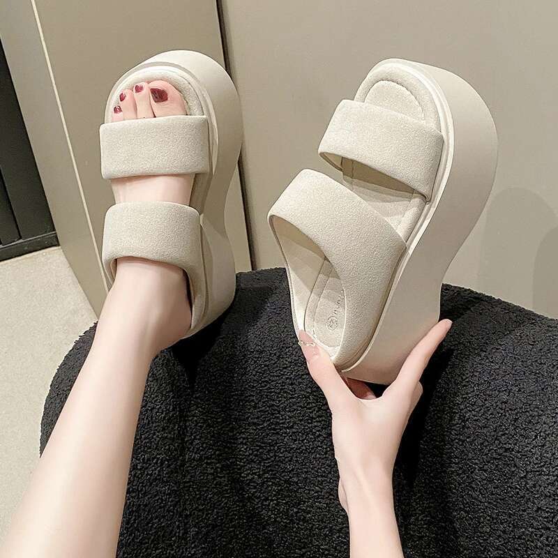 Summer 2023 Chunky Sandals Women's Thick Bottom Wedge Slides 8Cm High Heels Platform Leather Casual Beach Flip Ps Woman