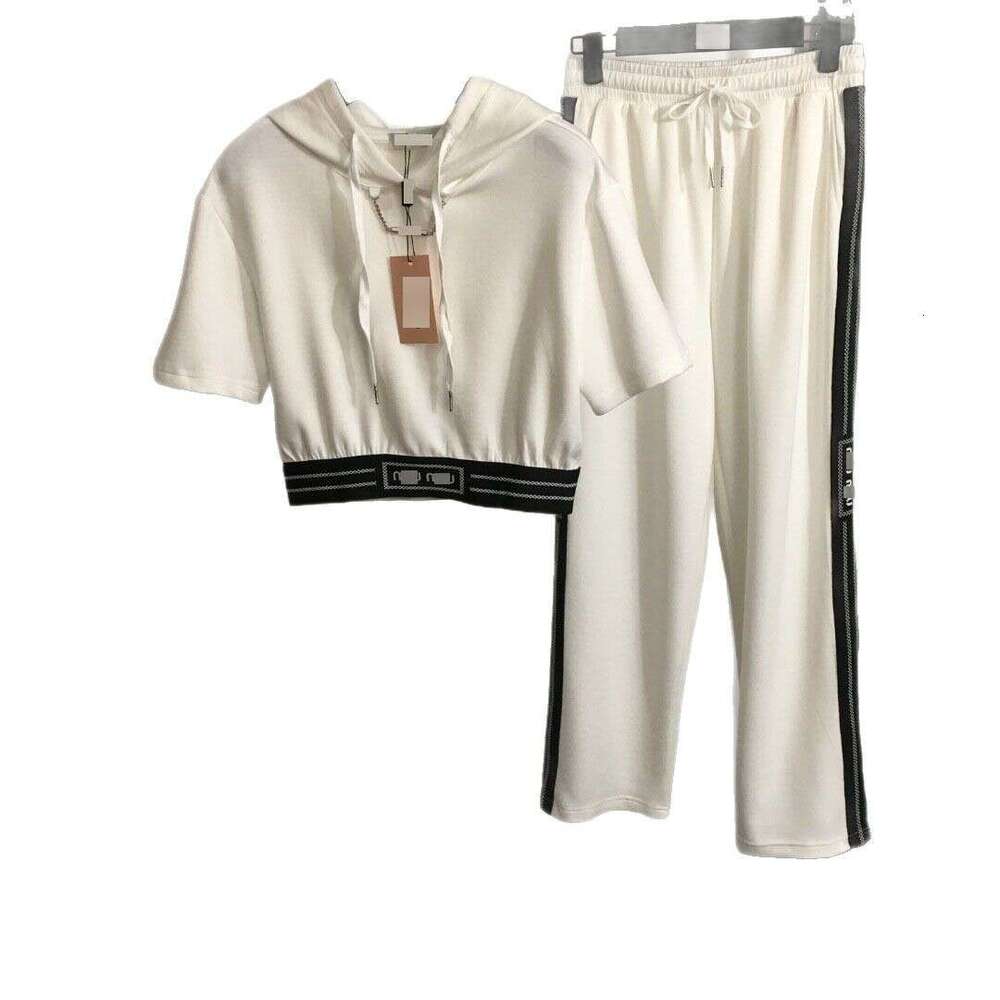 25 new sports suit chain decorative woven short sleeved hooded T-shirt+elastic waisted casual pants