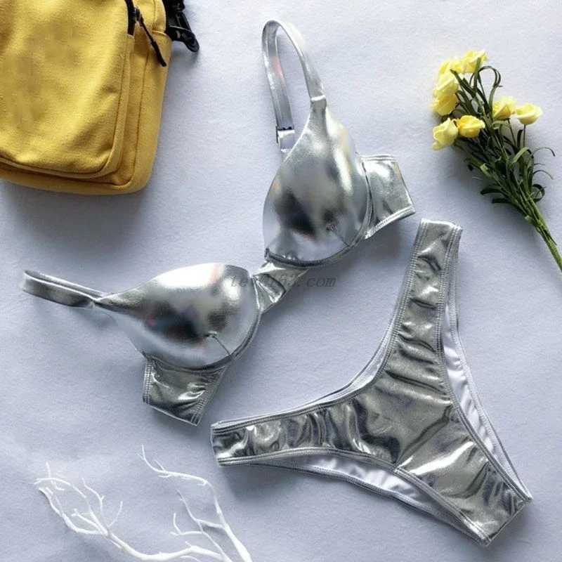 Women Sexy 2 Piece Brazilian Set Reflective Shiny Metallic Swimsuit Push Up Underwire High Cut Bathing Suit BeachwearW251113