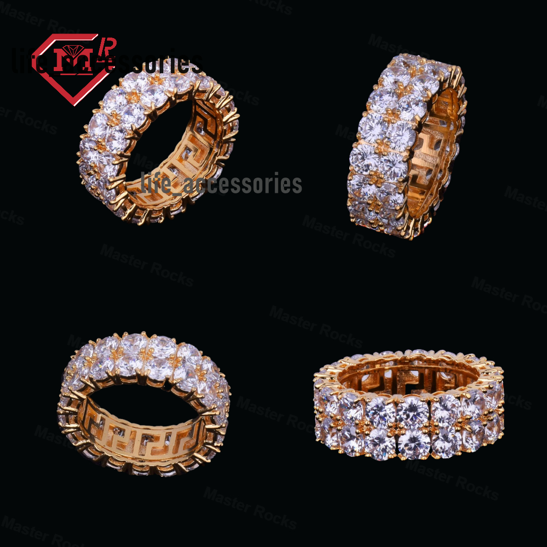 Shining Couples Iced Out Ring Two Rows Tennis Edition 925 Silver Moissanite Mens Ring