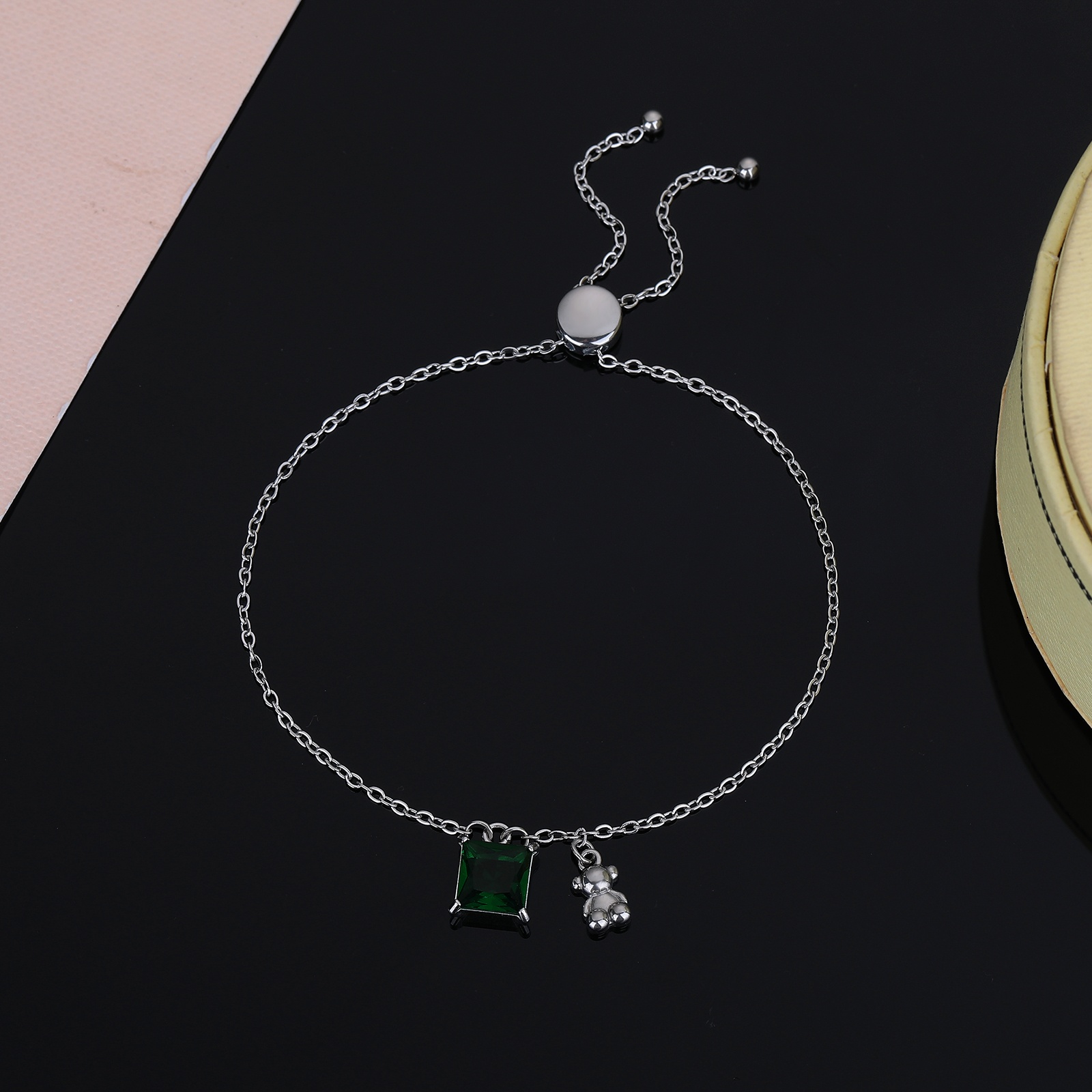 Fashion Women Silver Rose Gold Stainless Steel Span Bear Cartoon Animal Green Glass Chain Bracelets Jewelry Pulsera A Gift