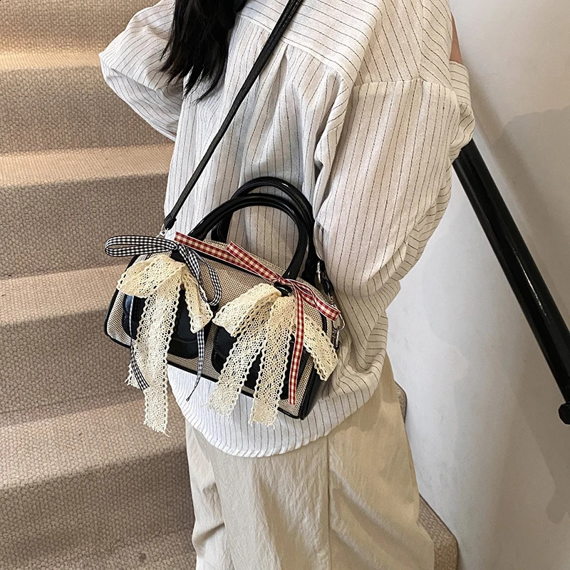 Y2K Top-handle Bags For Girls Lace Ribbon Decor Shoulder Crossbody Bag JK Accessories Latest Trend er Handbags 250411