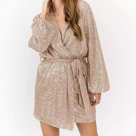 2025 New Glitter Mini Wrap Dress Womens V-neck Long Sleeve Bubble Sleeve Sparkling Surrounding Party Clothing