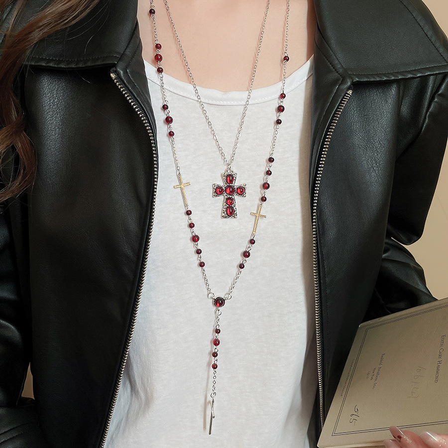 Vintage Crystal Beaded Cross Pendant Two-Piece Set Palace Style Necklace Light Luxury High-End Sweater Chain for Women - view 4