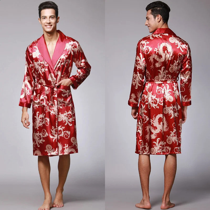 Men Summer Autumn Kimono Bath Robe Silk Satin Golden Dragon Long Bathrobe Dressing Gown Knee Length Black Sleepwear 250409