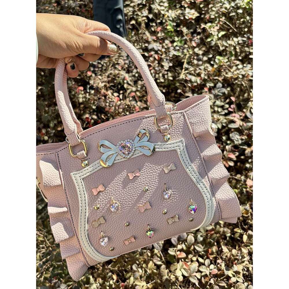 Sweet Mine Women's New Cute Lolita Handbag Gem Bow Shoulder Crossbody Small Tote Bag
