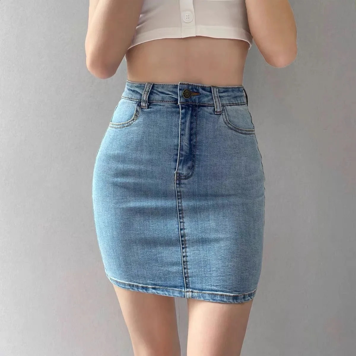 American Style Vintage High-Waisted Elastic Bodycon Skirt For Women Sexy Mini Dress Versatile Slimming Denim Skirt Trendy 250407
