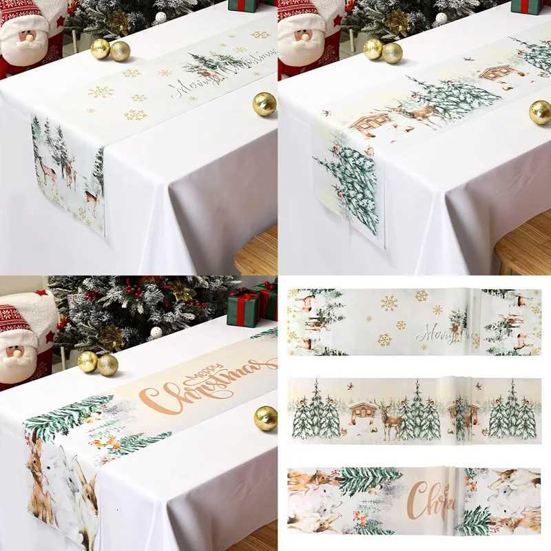 Christmas Watercolor Deer Trees Snowflake Christmas Table Runner Christmas Decorations For Home 2025 Xmas Table Flag Navidad Noel Gifts Y251113
