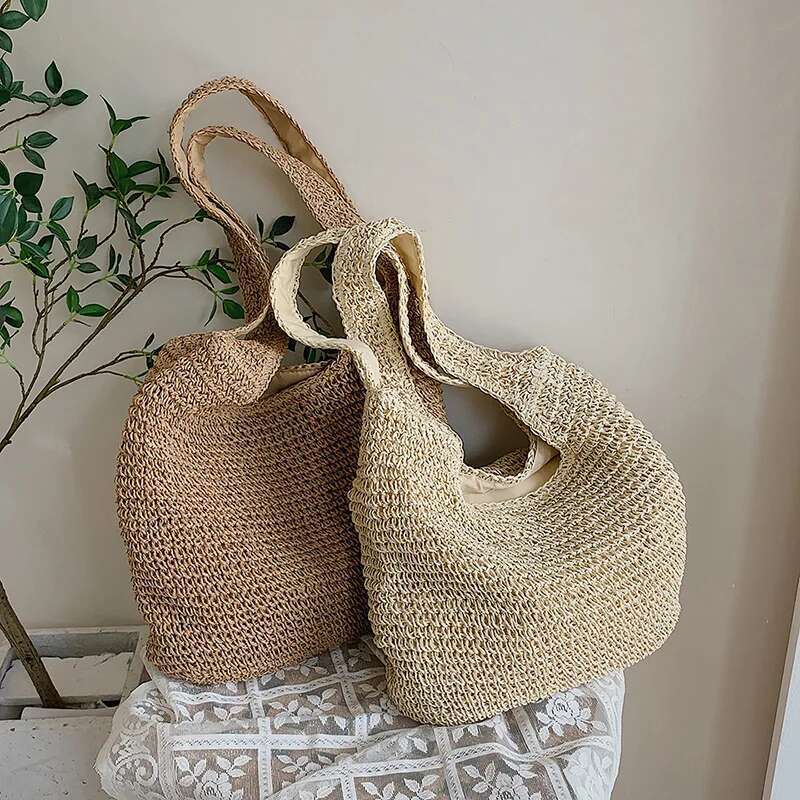 Handmade Beach Bag Women Large Capacity Shoulder Bags Handmade Straw Woven Fashion Travel Shopper Totes Ladies Bohemis Casual Handbags Kq1