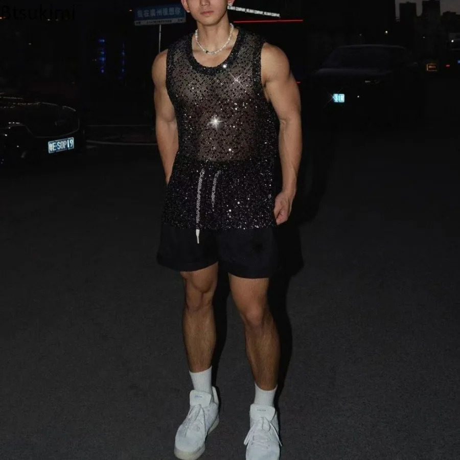 2025 Mens Casual Hollow Out Tank Tops Summer Streetwear Sleeveless Glitter Sheer Transparent Tops Sexy Mesh Muscle Vest for Men 250407
