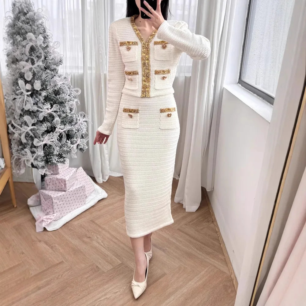 Crystal Long Evening Dresses Women 2 Piece Women Skirt Suits Beading Knitting Cardigans Sweater Long Pencil Skirts Sets 251107