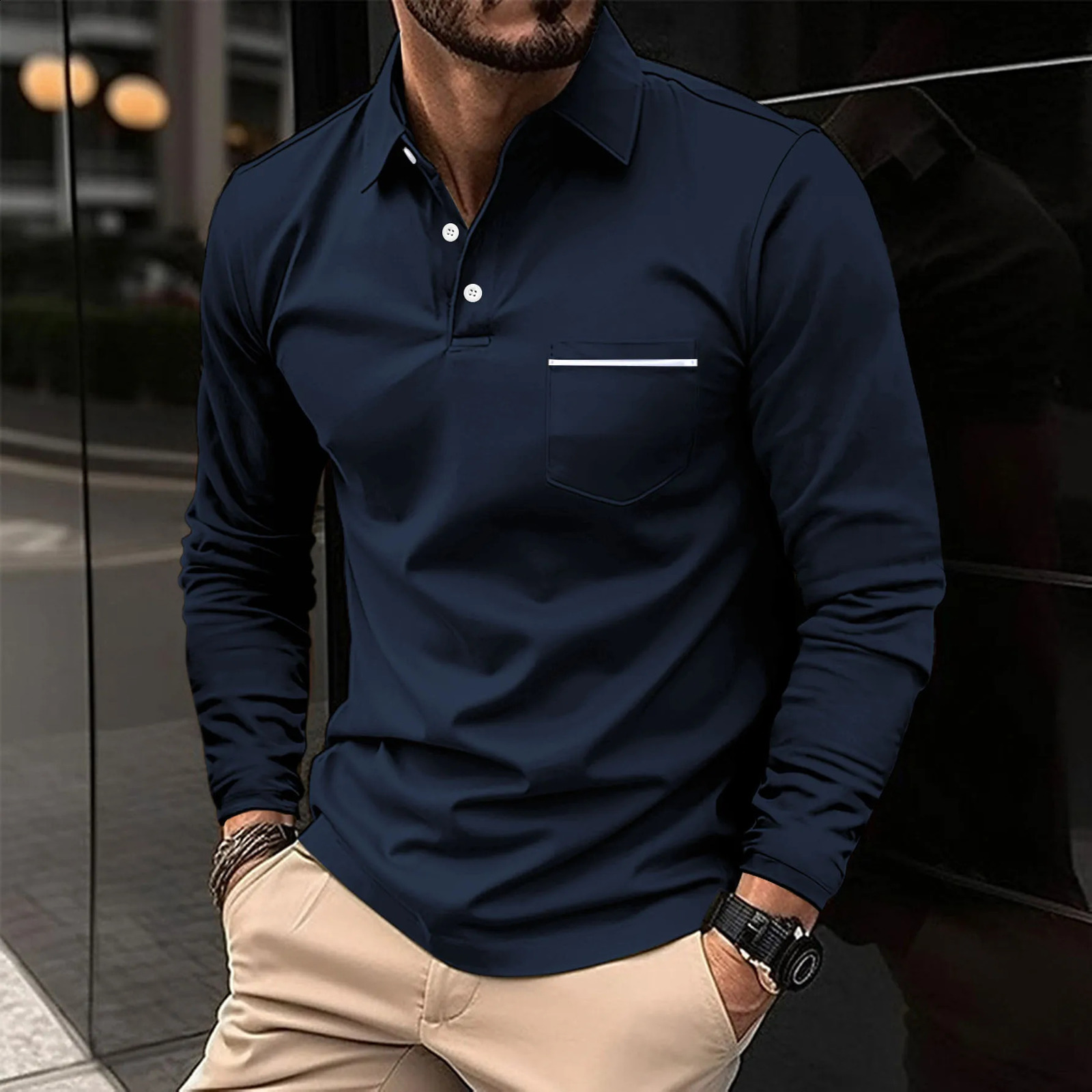 2025 Classic Fashion Button Solid Color Long Sleeve Collar Shirt Sporty Breathable Casual Flip Collar Pocket Polo Shirt 250409