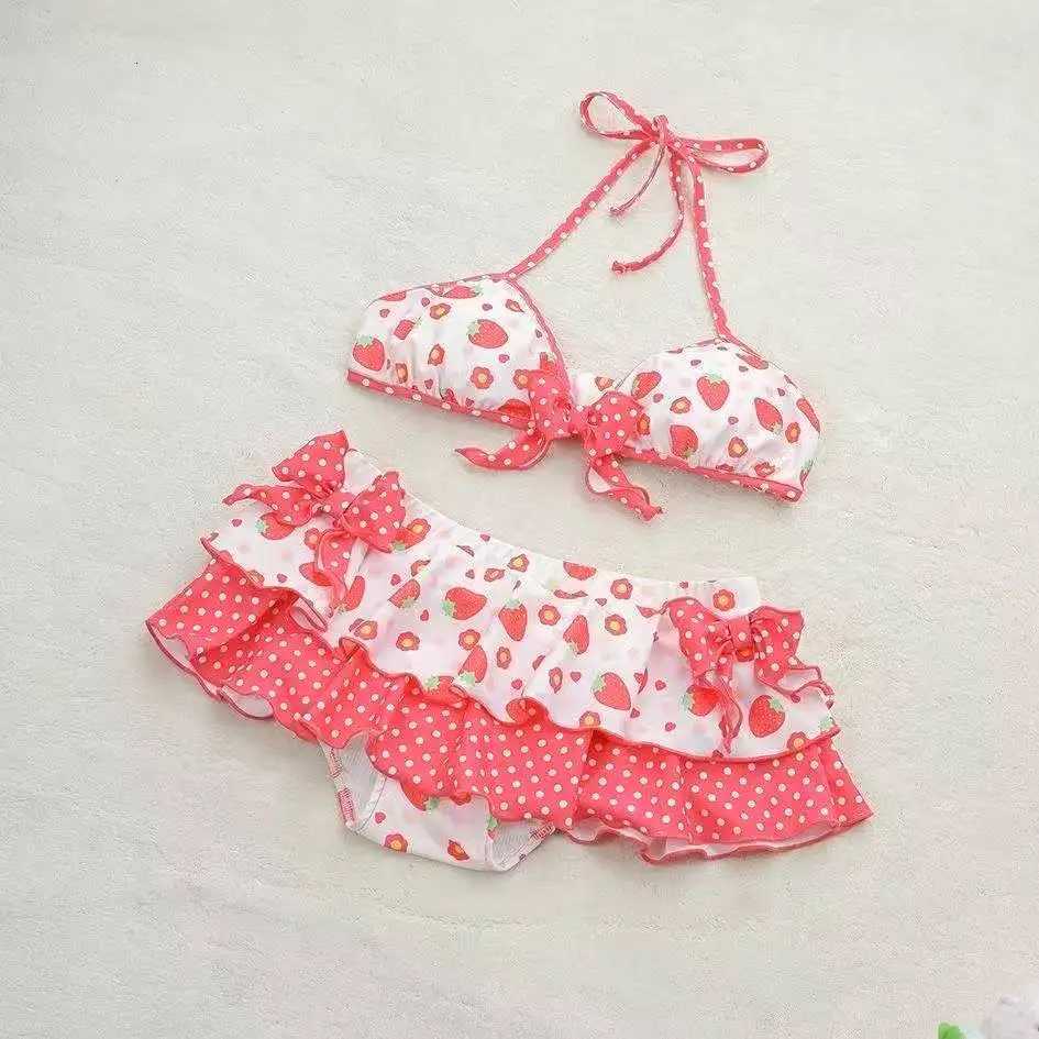 Japanese Style Kawaii Girls Swimsuit Sweet Printed Halter Bikini Swimsuit Women Ruffle Bikini Set Bather Bathing Suit SwimW251113
