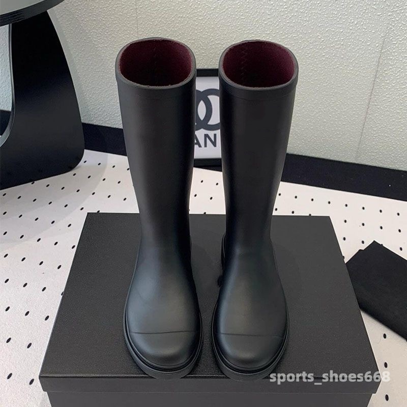 Designer brand square toe women rain boots Waterproof knee-high Wellies thick heel thicks sole ankle over the rubber rainboots yellow bright black cc shoes