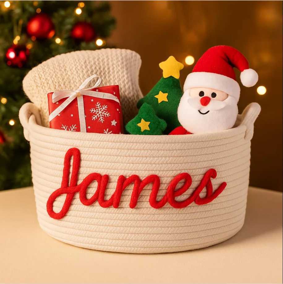 Cust Christmas Gift Basket Baby Name Storage Bin Personali Cotton Rope Xmas Basket Holiday Decor Newborn Gift Baby Shower Y251112