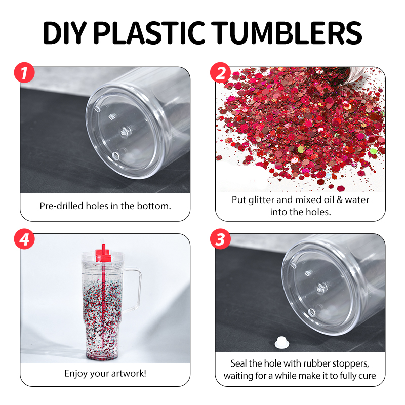40oz pre-drilled plastic snow globe tumblers with handle colored lids pluggers big capacity drinking tumblers for DIY fill glitter A1