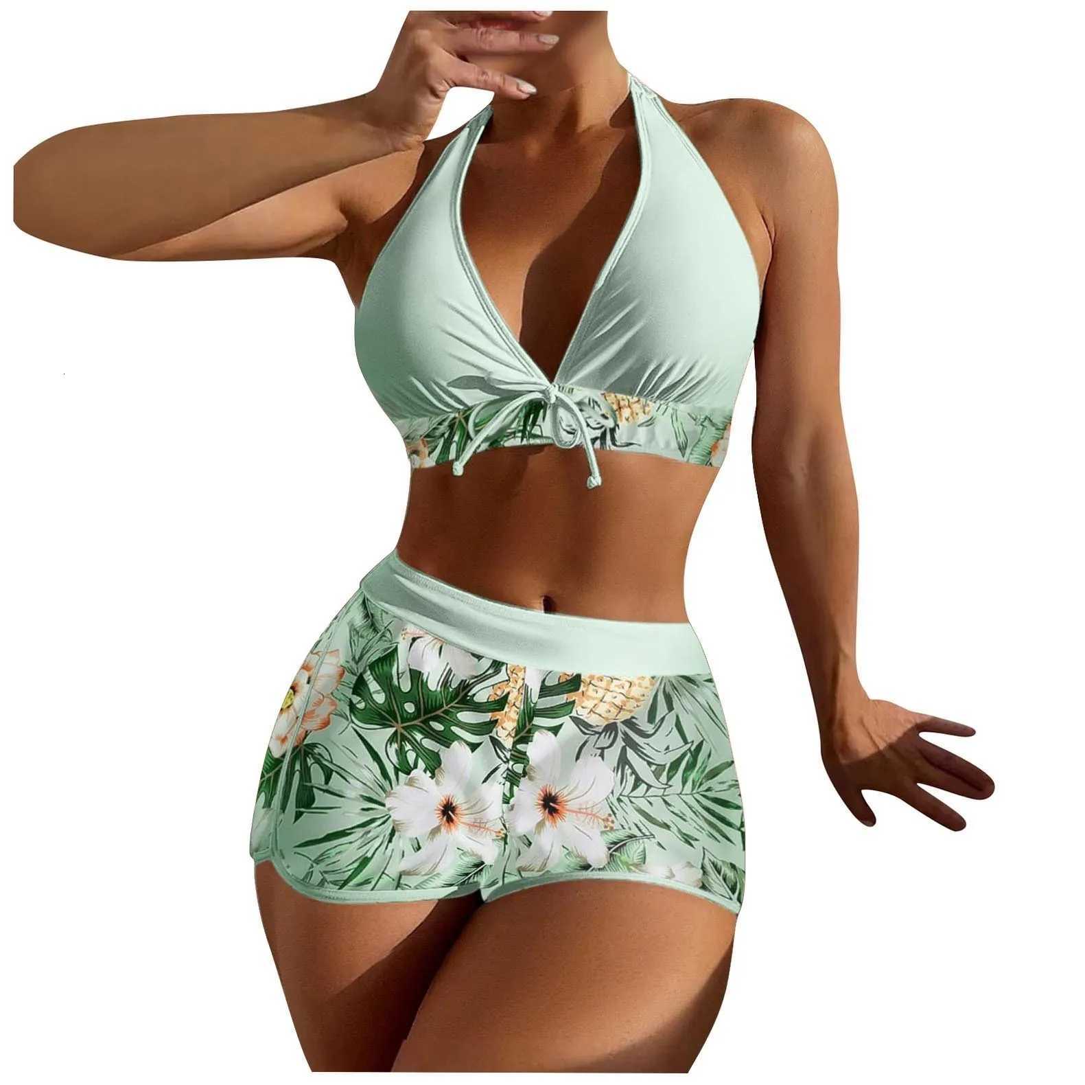 Womens Paneled Printed Swimsuit Ladies Fashion Sexy Split Boxer High Waist Swimsuit Two-Piece Set V-Neck Bathing Suits FemaleW251113