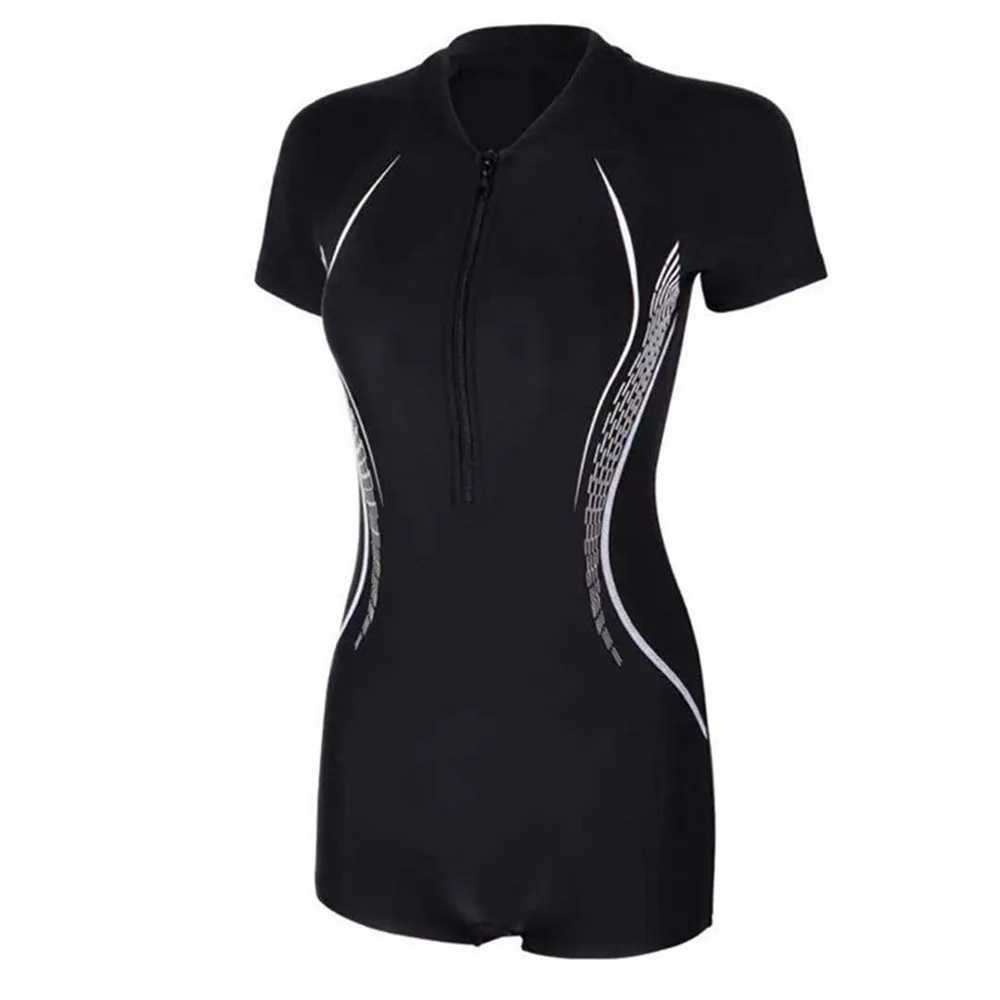 Fashion Black One Piece Sports Swimwear Short Sleeve Zipper Sports Swimsuit Beach Swimwear for Women Quick-Drying Bathing SuitsW251113