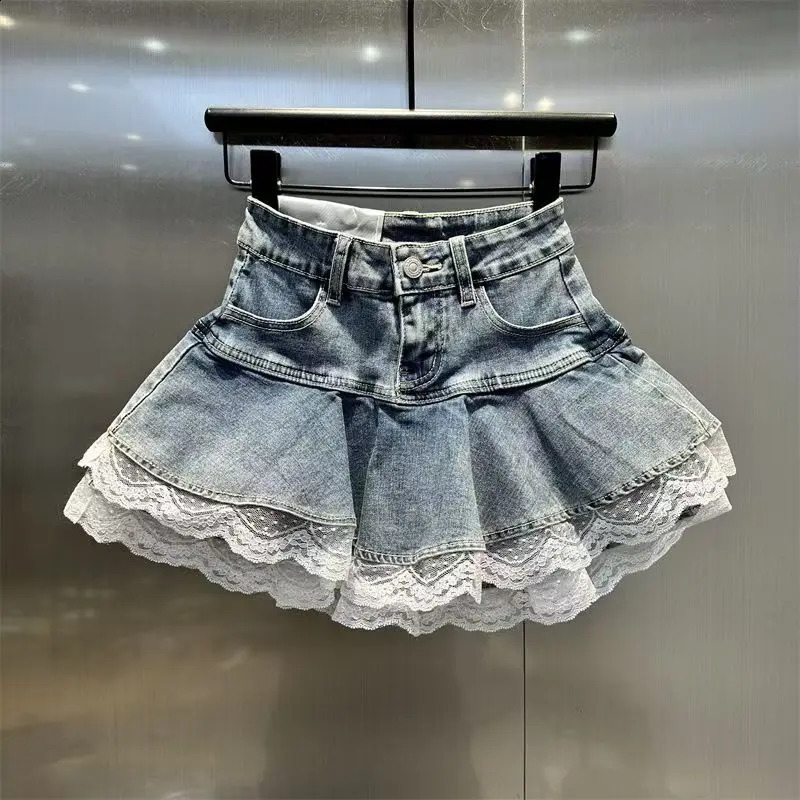 retro stretch denim cake pleated skirt for women summer lace spliced puffy skirt mini skirt 250407